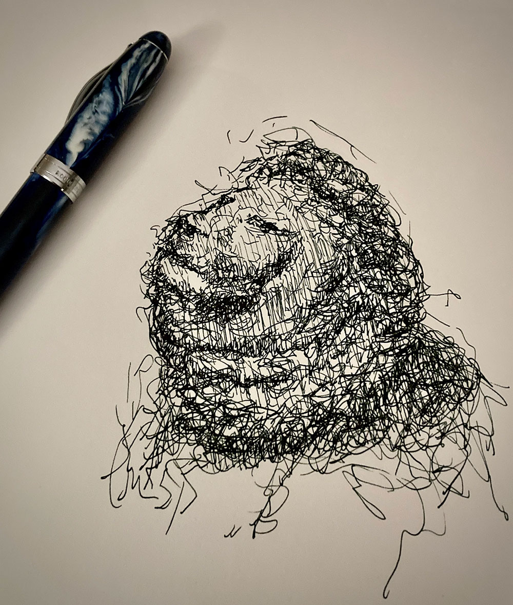 Ink sketch of a lion with a fountain pen